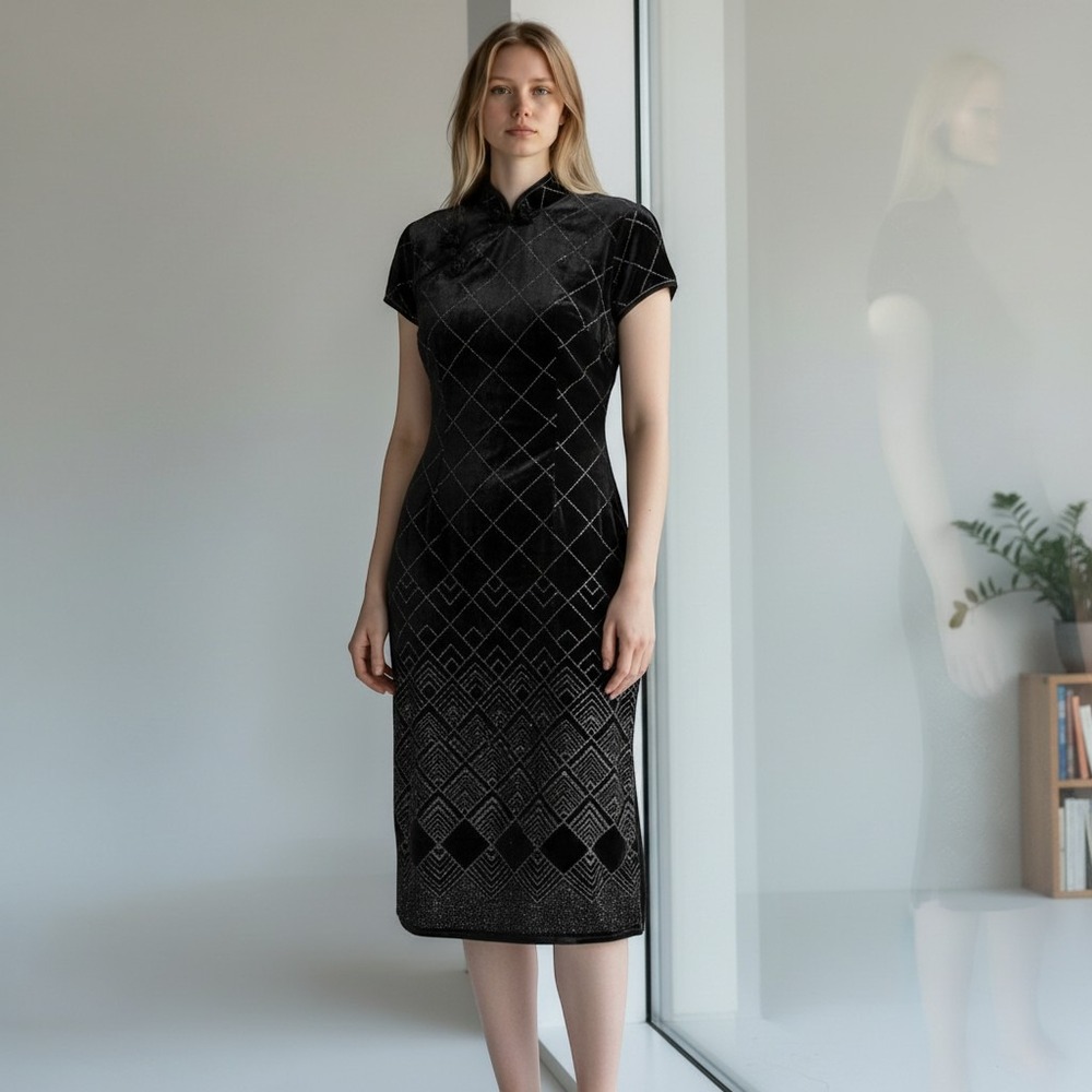 CDC Velvet Cheongsam Dress Womens 12 Black Glitter‎ Geometric Midi Sheath Party